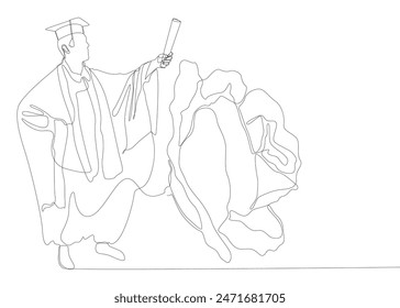 One continuous line of Graduation, man wearing Mortarboard with rose flowers. Thin Line Illustration vector concept. Contour Drawing Creative ideas.