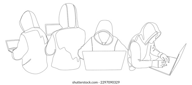 One continuous line of group of male people with laptop, workin as a developer or a Hacker. Thin Line Illustration vector concept. Contour Drawing Creative ideas.