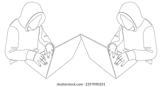 Una línea continua de grupo de hombres con laptop, trabajando como desarrollador o hacker. Concepto vectorial de Ilustración de líneas delgadas. Contour Drawing Ideas Creativas.
