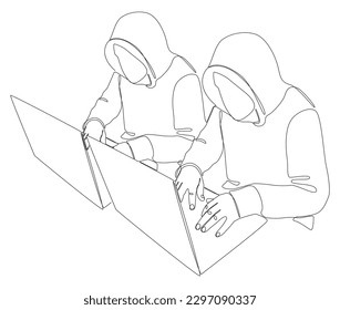 One continuous line of group of male people with laptop, workin as a developer or a Hacker. Thin Line Illustration vector concept. Contour Drawing Creative ideas.