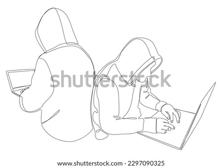 One continuous line of group of male people with laptop, workin as a developer or a Hacker. Thin Line Illustration vector concept. Contour Drawing Creative ideas.