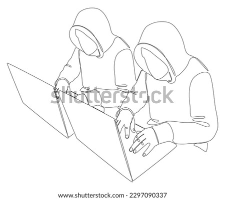 One continuous line of group of male people with laptop, workin as a developer or a Hacker. Thin Line Illustration vector concept. Contour Drawing Creative ideas.