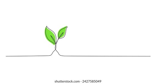 One continuous line growing sprout. Hand drawn doodle line art plant with green color