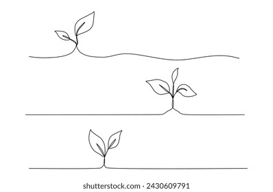 One continuous line growing sprout set. Hand drawn doodle line art plant