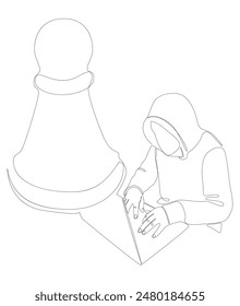 One continuous line of Hacker with laptop and chess pawn. Thin Line Illustration vector concept. Contour Drawing Creative ideas.