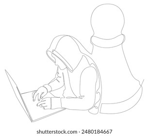 One continuous line of Hacker with laptop and chess pawn. Thin Line Illustration vector concept. Contour Drawing Creative ideas.