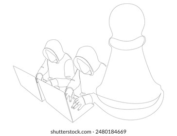 One continuous line of Hacker with laptop and chess pawn. Thin Line Illustration vector concept. Contour Drawing Creative ideas.