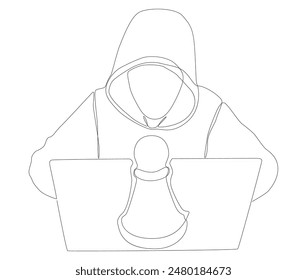 One continuous line of Hacker with laptop and chess pawn. Thin Line Illustration vector concept. Contour Drawing Creative ideas.