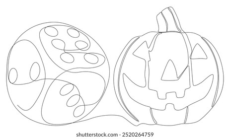 Uma linha contínua de abóbora de Halloween Jack O' Lantern com dados. Conceito de vetor de Ilustração de Linha Fina. Desenho de contorno Ideias criativas.