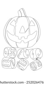 Uma linha contínua de abóbora de Halloween Jack O' Lantern com dados. Conceito de vetor de Ilustração de Linha Fina. Desenho de contorno Ideias criativas.