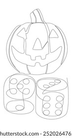 One continuous line of Halloween Jack O' Lantern pumpkin with dice. Thin Line Illustration vector concept. Contour Drawing Creative ideas.