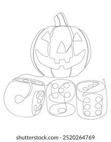 Uma linha contínua de abóbora de Halloween Jack O' Lantern com dados. Conceito de vetor de Ilustração de Linha Fina. Desenho de contorno Ideias criativas.