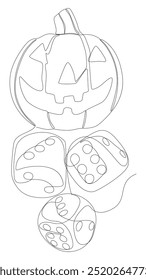 Uma linha contínua de abóbora de Halloween Jack O' Lantern com dados. Conceito de vetor de Ilustração de Linha Fina. Desenho de contorno Ideias criativas.