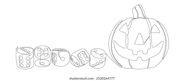 Uma linha contínua de abóbora de Halloween Jack O' Lantern com dados. Conceito de vetor de Ilustração de Linha Fina. Desenho de contorno Ideias criativas.