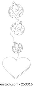 Uma linha contínua de Halloween Jack O' Lantern Pumpkin com o coração. Conceito de vetor de Ilustração de Linha Fina. Desenho de contorno Ideias criativas.