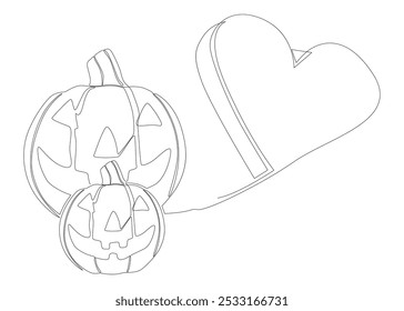 Una línea continua de Halloween Jack O' Lantern Calabaza con corazón. Concepto de Vector de ilustración de línea delgada. Contour Dibujo Ideas creativas.