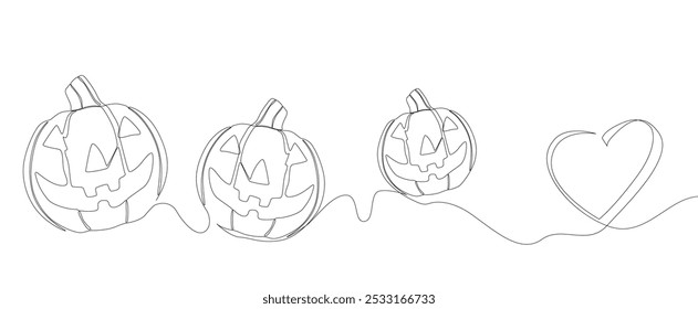 Una línea continua de Halloween Jack O' Lantern Calabaza con corazón. Concepto de Vector de ilustración de línea delgada. Contour Dibujo Ideas creativas.