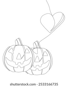 Uma linha contínua de Halloween Jack O' Lantern Pumpkin com o coração. Conceito de vetor de Ilustração de Linha Fina. Desenho de contorno Ideias criativas.