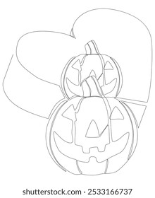 Uma linha contínua de Halloween Jack O' Lantern Pumpkin com o coração. Conceito de vetor de Ilustração de Linha Fina. Desenho de contorno Ideias criativas.