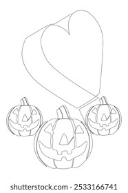 Uma linha contínua de Halloween Jack O' Lantern Pumpkin com o coração. Conceito de vetor de Ilustração de Linha Fina. Desenho de contorno Ideias criativas.