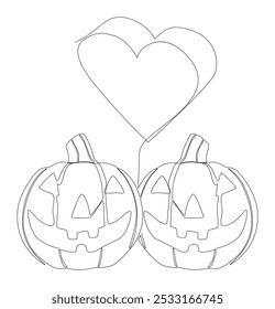 Uma linha contínua de Halloween Jack O' Lantern Pumpkin com o coração. Conceito de vetor de Ilustração de Linha Fina. Desenho de contorno Ideias criativas.