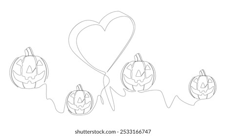 Una línea continua de Halloween Jack O' Lantern Calabaza con corazón. Concepto de Vector de ilustración de línea delgada. Contour Dibujo Ideas creativas.