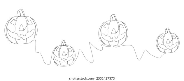 Uma linha contínua de Halloween Pumpkin, Jack O' Lantern. Conceito de vetor de Ilustração de Linha Fina. Desenho de contorno Ideias criativas.