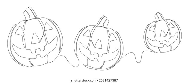 Uma linha contínua de Halloween Pumpkin, Jack O' Lantern. Conceito de vetor de Ilustração de Linha Fina. Desenho de contorno Ideias criativas.