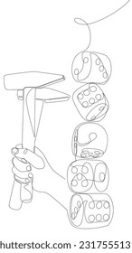 One continuous line of Hammer and Dice. Thin Line Illustration vector concept. Contour Drawing Creative ideas.