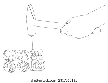 Una línea continua de martillo y dados. Concepto vectorial de Ilustración de líneas delgadas. Contour Drawing Ideas Creativas.