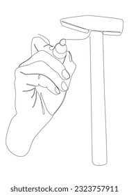 Eine durchgängige Linie Hammer mit Filzspitze Stift. Thin Line Illustration Vektorgrafik Construction Industry Konzept. Erstellen Sie kreative Ideen.