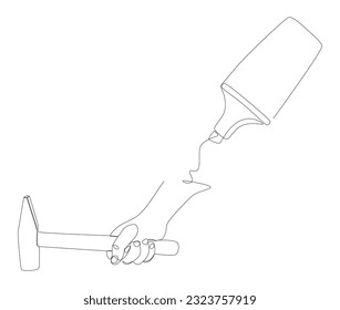 Eine durchgängige Linie Hammer mit Filzspitze Stift. Thin Line Illustration Vektorgrafik Construction Industry Konzept. Erstellen Sie kreative Ideen.