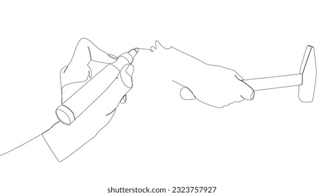 One continuous line of Hammer drawn by with felt tip pen. Thin Line Illustration vector Construction Industry concept. Contour Drawing Creative ideas.