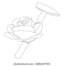 One continuous line of hammer and rose. Thin Line Illustration vector concept. Contour Drawing Creative ideas.