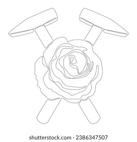 One continuous line of hammer and rose. Thin Line Illustration vector concept. Contour Drawing Creative ideas.