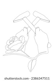 One continuous line of hammer and rose. Thin Line Illustration vector concept. Contour Drawing Creative ideas.
