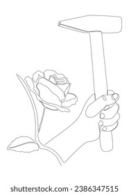 One continuous line of hammer and rose. Thin Line Illustration vector concept. Contour Drawing Creative ideas.