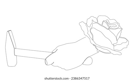 One continuous line of hammer and rose. Thin Line Illustration vector concept. Contour Drawing Creative ideas.