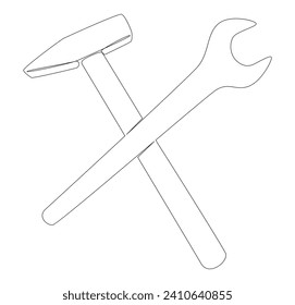 One continuous line of Hammer and Wrench. Thin Line work tools Illustration vector concept. Contour Drawing Creative ideas.