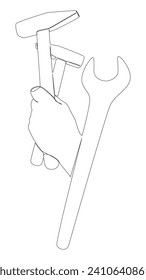 One continuous line of Hammer and Wrench. Thin Line work tools Illustration vector concept. Contour Drawing Creative ideas.