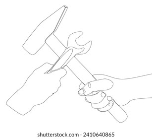 One continuous line of Hammer and Wrench. Thin Line work tools Illustration vector concept. Contour Drawing Creative ideas.