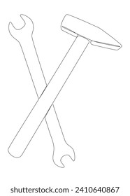 Una línea continua de martillo y llave. Herramientas de trabajo de línea delgada Concepto vectorial de ilustración. Contour Drawing Ideas Creativas.