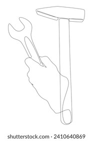 Una línea continua de martillo y llave. Herramientas de trabajo de línea delgada Concepto vectorial de ilustración. Contour Drawing Ideas Creativas.