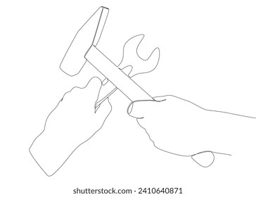 Una línea continua de martillo y llave. Herramientas de trabajo de línea delgada Concepto vectorial de ilustración. Contour Drawing Ideas Creativas.