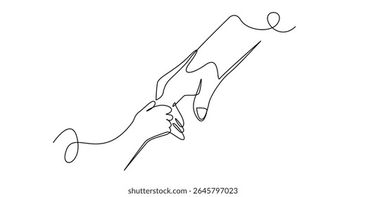 one continuous line hand of baby and parent.single line art of parent's love for child.care,new born baby.isolated on white background