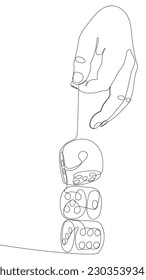 One continuous line of hand with dice. Thin Line Illustration vector concept. Contour Drawing Creative ideas.