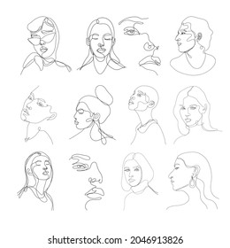 One continuous line hand draw women and men faces set. Vector minimalist illustration isolated on white background. 