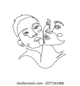 One Continuous Line Hand Drawing Two Faces. Minimalism Trendy Style. Abstract Portrait. Love. Couple. Vector Design For Cards For Valentine's Day, Wedding Invitation, Tattoo. 