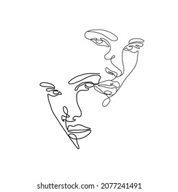 One Continuous Line Hand Drawing Two Faces  Minimalism Trendy Style  Abstract Portrait  Love  Couple  Vector Design For Cards For Valentine's Day  Wedding Invitation  Tattoo  