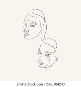 One Continuous Line Hand Drawing Two Faces. Minimalism Trendy Style. Abstract Portrait. Love. Couple. Vector Design For Cards For Valentine's Day, Wedding Invitation, Tattoo. 